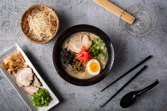 Authentic Japanese Tonkotsu Ramen Noodle From Top View