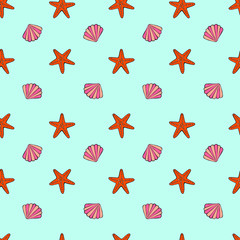 Seamless pattern with shells and starfishes. Marine background. Sketch style. Great for greetings, invitations, wrapping paper, textile, wedding, wallpaper  and web design. Vector illustration