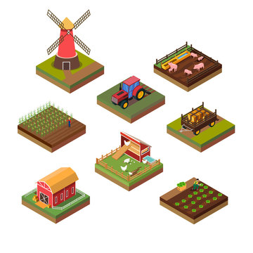Isometric Illustration of Farms Objects