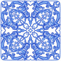 Azulejos - seamless pattern. Portuguese Dutch and oriental tile in shades of in classic pale blue ang indigo colors. Baroque Vector mosaic. Rococo and Arabesque ornament