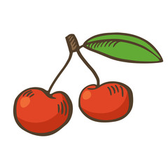 Two cherries with leaf isolated on white background. Hand drawn cartoon cherry. 