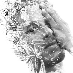 Paintography. Double exposure. Close up portrait of man with strong features and light beard dissolving behind hand painted floral watercolor and ink painting, black and white