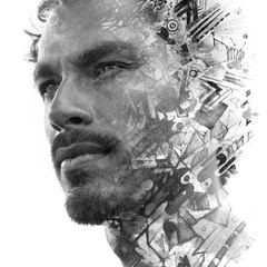 Paintography. Double exposure of an attractive male model combined with hand drawn ink paintings with geometry, symbols and a hidden message, black and white