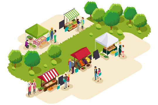 Isometric of People Shopping at Farmers Market Illustration