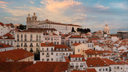 Evening panorama of the City of Lisbon in Portugal, top view at sunset