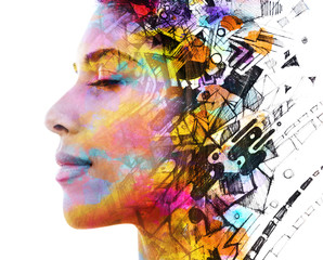 Paintography. Double Exposure portrait of a beautiful exotic woman combined with hand drawn ink...