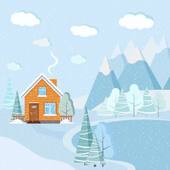 Fototapeta premium Flat design beautiful snowy Christmas winter lake landscape scene with mountains, clouds, trees, spruces, rural house
