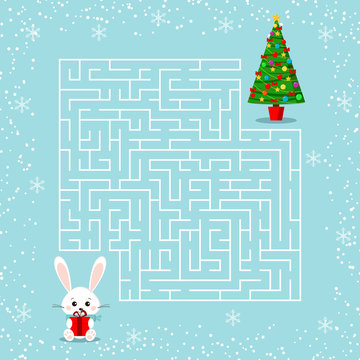 Merry Christmas theme maze game for the children with a labyrinth. Cartoon bunny with gift and christmas tree.