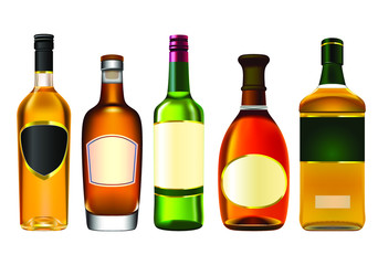 Colorful alcohol bottles set isolated on white.