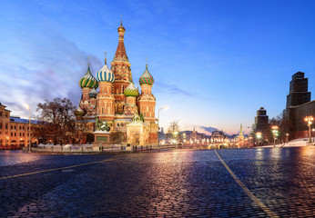 Saint Basil's Cathedral towers at the Red Square in Moscow at dawn.