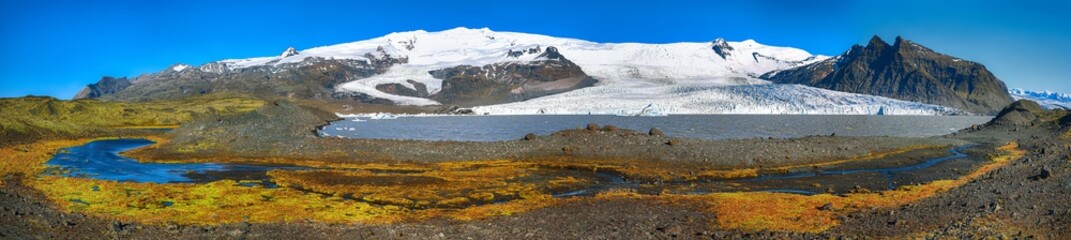 Panoramic View of Fjallsarlon Glacier Lagoon and colour moss at foreground