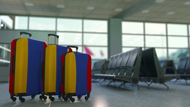 Travel suitcases with flag of Armenia. Armenian tourism conceptual 3D animation