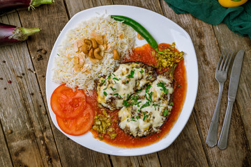 baked eggplant with minced and cheese. Turkish cuisine