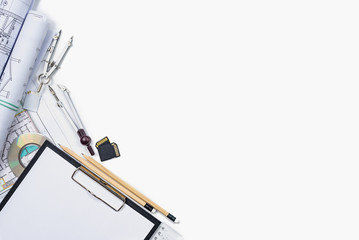 Architectural plans, pencil and ruler on the table. Place for your text