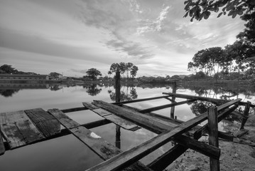 Beautiful sunset at Kampung Temiang at Ipoh, Malaysia in Black and White