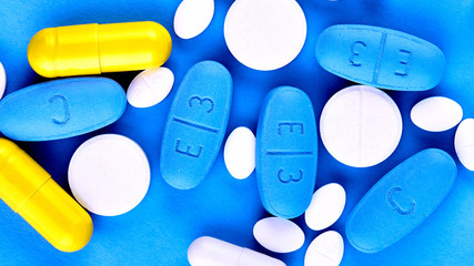 Assorted pharmaceutical medicine pills, tablets and capsules. 30.12.2017, Rostov-on-Don. Russia.