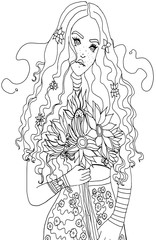 Pretty Woman With Freckles, Sunflowers, and Long hair Adult Coloring Page