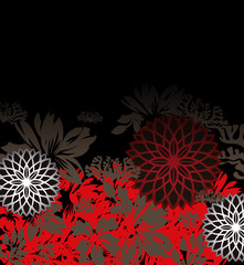 Gothic flowered design with red and silver mandalas on a black background