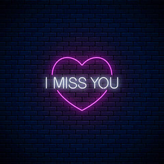 Miss you glowing neon sign with pink heart symbol. Symbol of loneliness in neon style. Vector illustration.