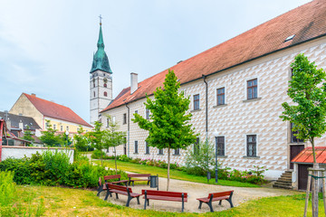 Green garden at Church of the Assumption of the Virgin Mary in Jindrichuv Hradec, Czech Republic