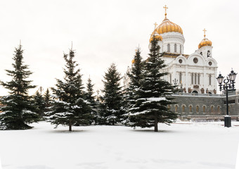 Moscow, Russia: Panoramic view of the Christ the Savoir's Cathedral with trees in Winter