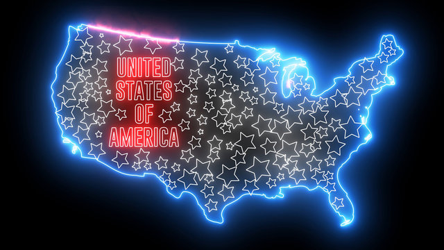 United States of America map with neon glowing light. Creative animation of America, shiny outline USA map. 
