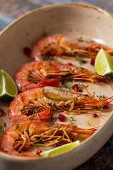 Grilled prawns with lime. Close up