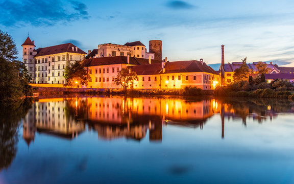Jindrichuv Hradec Castle by night. Reflection in the water. Czech Republic © pyty