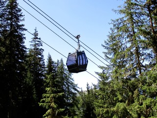 Télécabine en montagne au dessus d'une forêt de sapins. Ciel bleu en arrière plan.