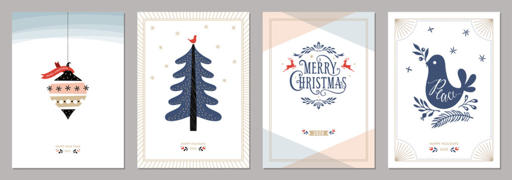 Merry Christmas and Happy New Year greeting cards set. 
