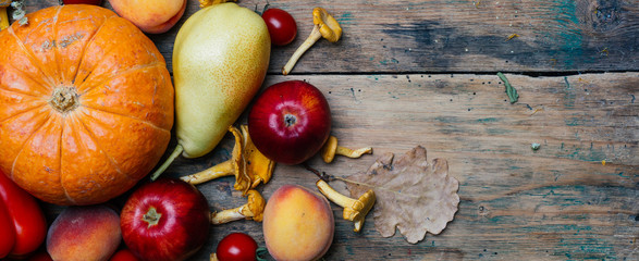 Autumn seasonal vegetables and fruits (pumpkin, pear, apples, corn, chanterelles). Autumn products...