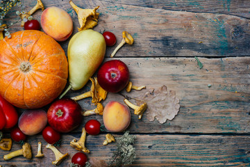 Autumn seasonal vegetables and fruits (pumpkin, pear, apples, corn, chanterelles). Autumn products from the farm, or garden.