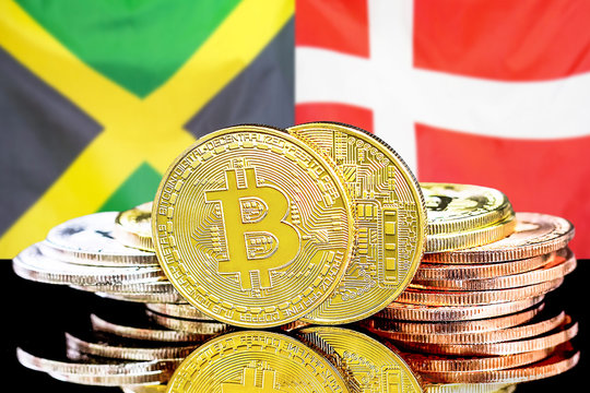 bitcoins on Jamaica and Denmark flag background