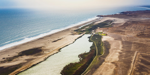 Panoramic aerial view of a wetland sited at north of Lima, Peru. Called: "Albufera de Medio Mundo" near to Huacho city.