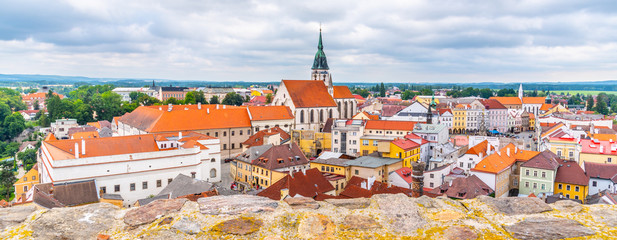 Jindrichuv Hradec cityscape with Church of the Assumption of the Virgin Mary, Czech Republic. Aerial view from Black Tower of Jindrichuv Hradec Castle