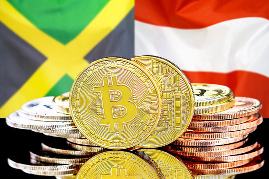 bitcoins on Jamaica and Austria flag background