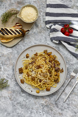 Spaghetti with eggplants, parmesan, thyme and pepper. Pasta with eggplants.