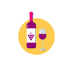 Bottle of wine and a glass in a circle icon on a white background. Vector illustration in flat style.