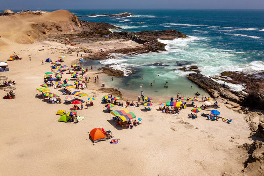 Panoramic aerial view of Pocitas beach in Huarmey, North of Lima, Peru