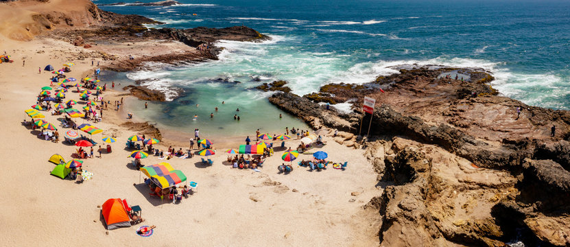 Panoramic aerial view of Pocitas beach in Huarmey, North of Lima, Peru