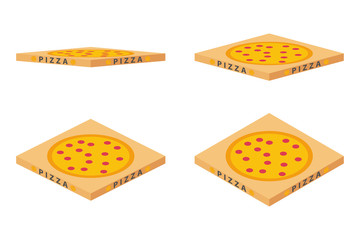 Cardboard box from pizza. A set of packages. Vector drawing. Isolated object on a white background. Isolate.