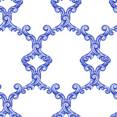 Azulejos - seamless pattern. Portuguese Dutch and oriental tile in shades of in classic pale blue ang indigo colors. Baroque Vector mosaic. Rococo and Arabesque ornament