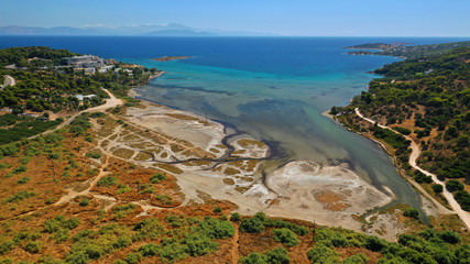 Fototapeta premium defaAerial drone of famous wetland and turquoise bay of Vravrona, Attica, Greece 