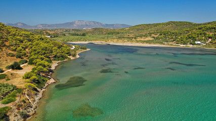 Fototapeta na wymiar defaAerial drone of famous wetland and turquoise bay of Vravrona, Attica, Greece 