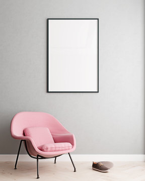 Vertical mock up poster frame in modern interior background, millennial pink armchair in living room, Scandinavian style, 3D render, 3D illustration