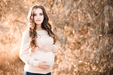 Smiling pregnant woman wearing cozy knitted sweater posing in meadow. Motherhood. Maternity.