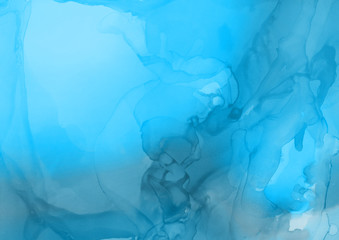 Hand painted blue alcohol ink background. Abstract delicate winter season texture. Contemporary wallpaper. 