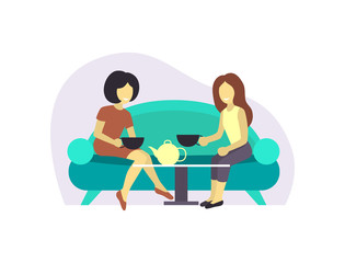 Two Girl or Pair of Female Friend Sit at Table Drink Coffee or Tea Talk Gossip. Business Woman Girlfriend Friendly Meeting and Conversation at Cafe Table. Flat Cartoon Vector Illustration.