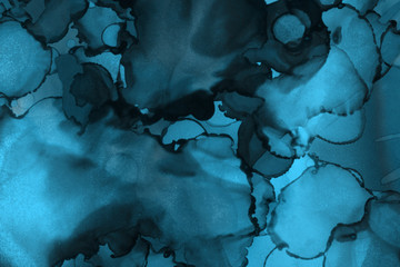 Hand painted blue alcohol ink background. Abstract delicate winter season texture. Contemporary wallpaper. 