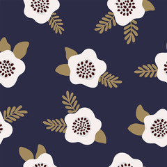 Floral seamless pattern White and gold flowers on blue. Hand-drawn pattern design wrap paper, fabric, wallpaper, card